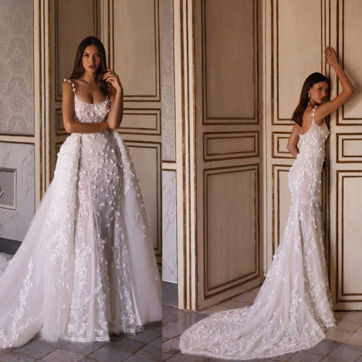 

Elegant Mermaid Wedding Dresses Spaghetti Straps 3D Flowers Appliques Detachable Bridal Gowns Sweep Train Customized