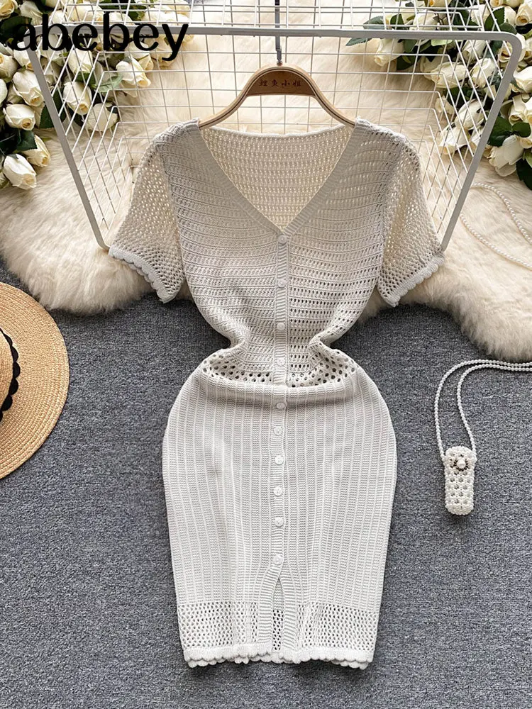 Crochet Dresses Knit Cut Out Dress Jurk Dames Beach Dresses for Women 2023 Short Sleevel Female Vestidos Mujer Short Dress