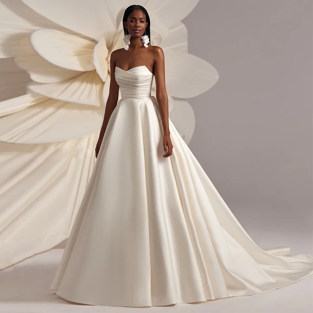 Flavinke Customized Wedding Dresses Africa Bridal Gown Small V Neck Sleeveless Draped A Line Satin Bride Dresses Sweep Train