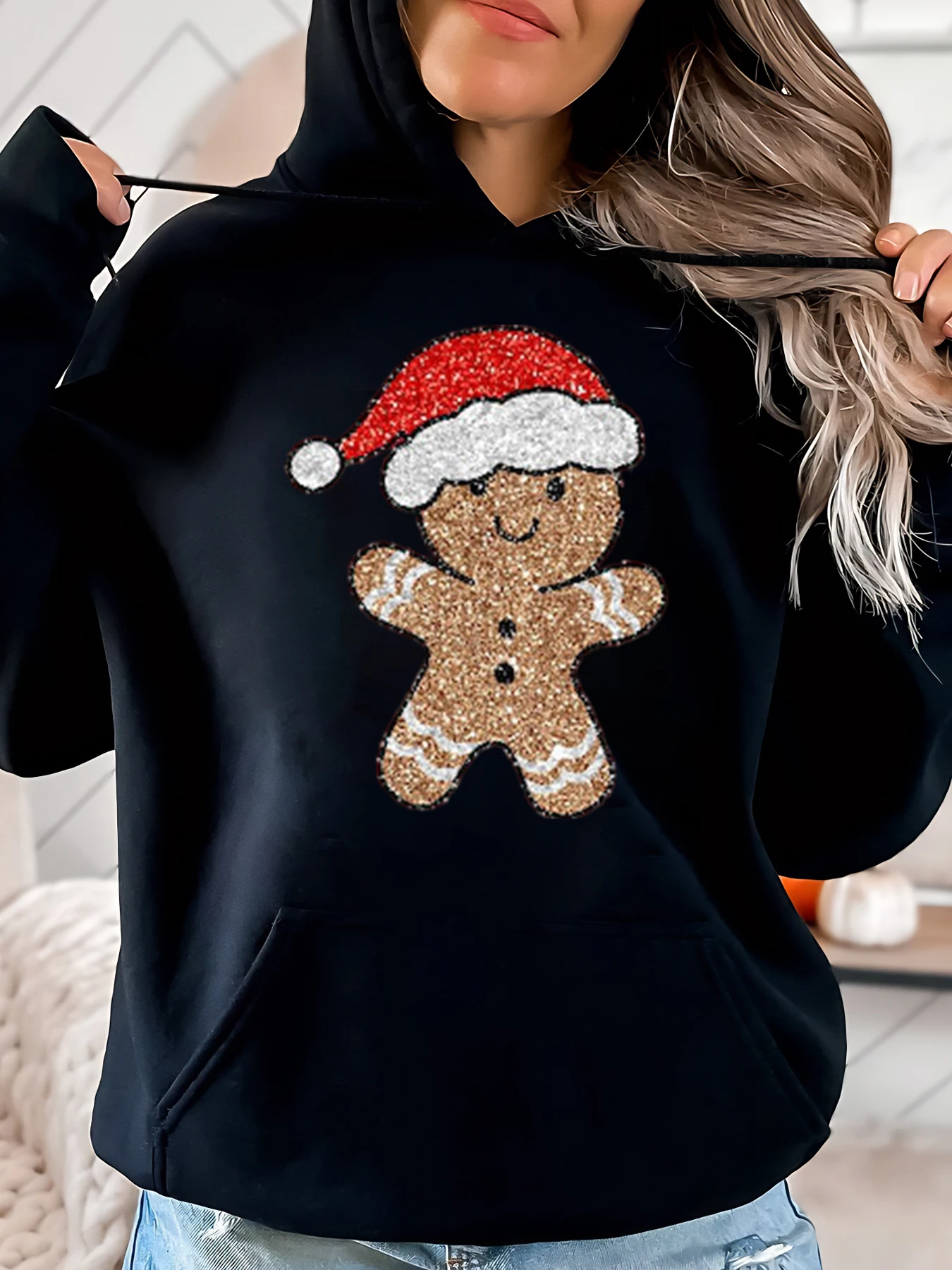 

Рождественская толстовка с принтом пряничного человечка, женская повседневная праздничная одежда, черная, больших размеров