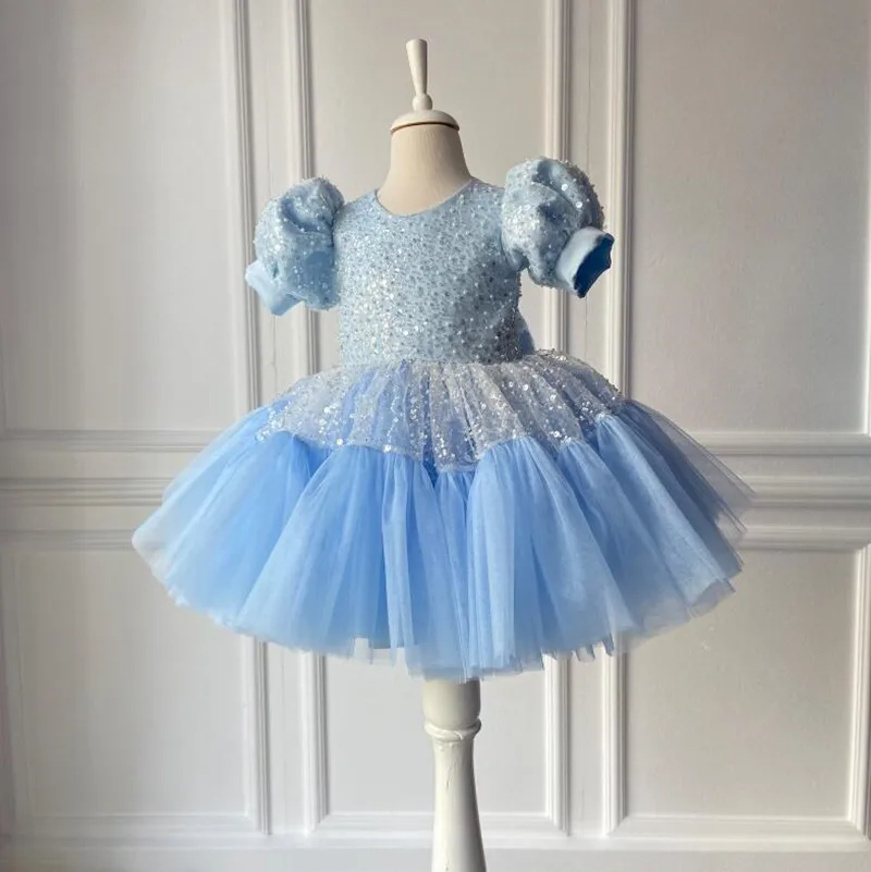 

Beautiful Infant Girls Gown Tulle Sequined Little Princess Birthday Party Dress with Big Bow New Flower Girl Dress