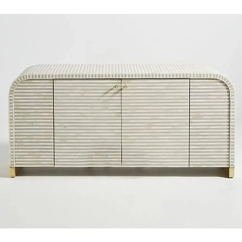 Bone inlaid waterfall solid wood sideboard, gray striped pattern home furniture, bone inlaid chest drawer cabinet