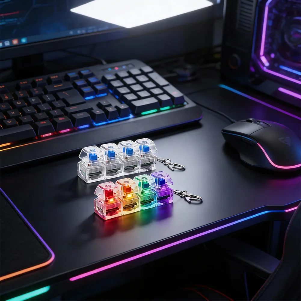 Finger Button Keychain RGB Keyboard Fidget Toy For Adults 4-Button Keychain With Lights For Stress Relief Decompression Calming