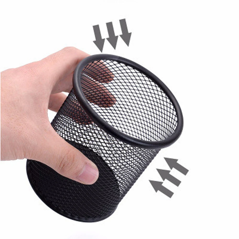 Acessórios para escritório e escola, recipiente de metal redondo preto durável, porta-canetas, estojo de caneta de malha, copo de lápis