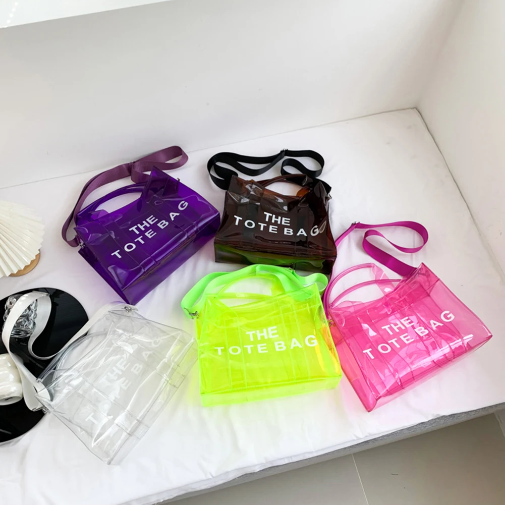 Women Travel Tote Bag Letter Transparent Clear Crossbody Bags PVC Casual Jelly Bag Summer Candy Color Messenger Bags