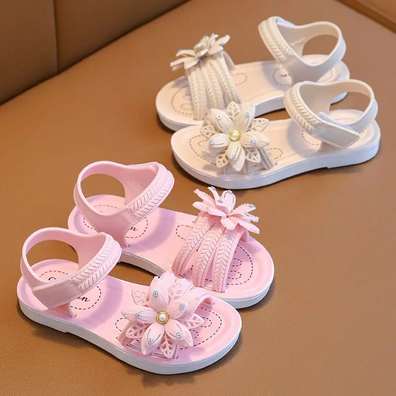 Trendy Cute Solid Color Flower Decor Open Toe Sandals For Girls, Breathable Lightweight Sandals For Indoor Outdoor Beach