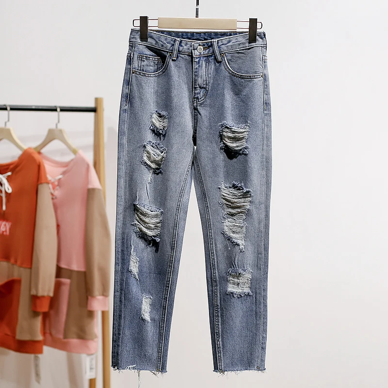 

Simple Design Women's Jeans with Hole Design Micro Span New Spring Bule Fem Clothing 57 l Waist Thin Denim