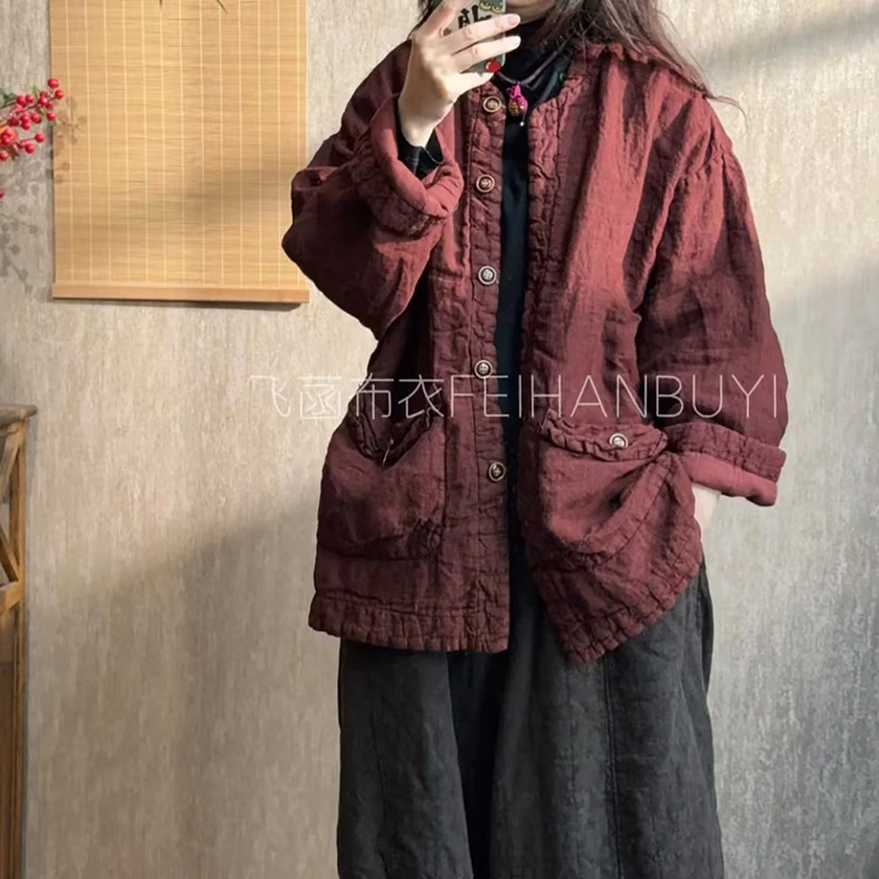 

2025 New Arrival Winter Women Single Breasted Long Sleeves O-neck Parkas Loose Casual Pocket Patchwork Cotton Linen Coats F279