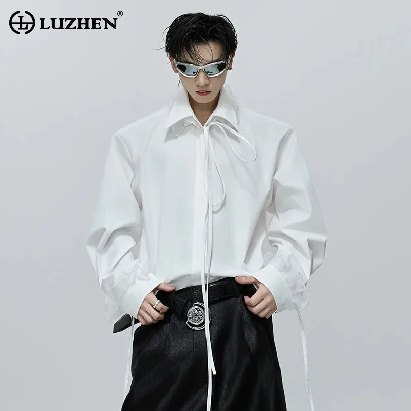

LUZHEN нишевый дизайн с лентой, мужские рубашки с отложным воротником, кружевное украшение, однотонные однобортные топы с длинными рукавами JY4455