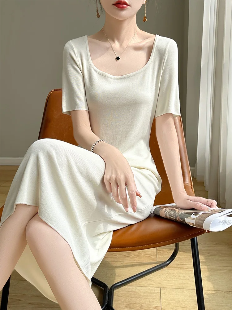 Sommer-Eisseide-Strickkleid für Damen, mittellang, knielang, f Sve, dünner Basisrock, A-Linie, hohe Taille, Pendler-Sle