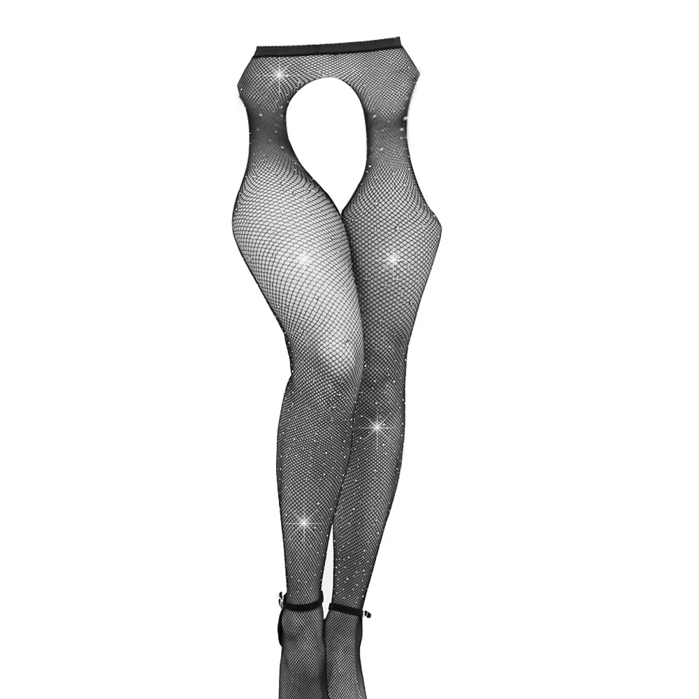 Collants sans entrejambe en maille évidée pour femmes, collants avec diamants estampnommée, bas legging, lingerie sexy, pantalon grande taille, 1 pièce