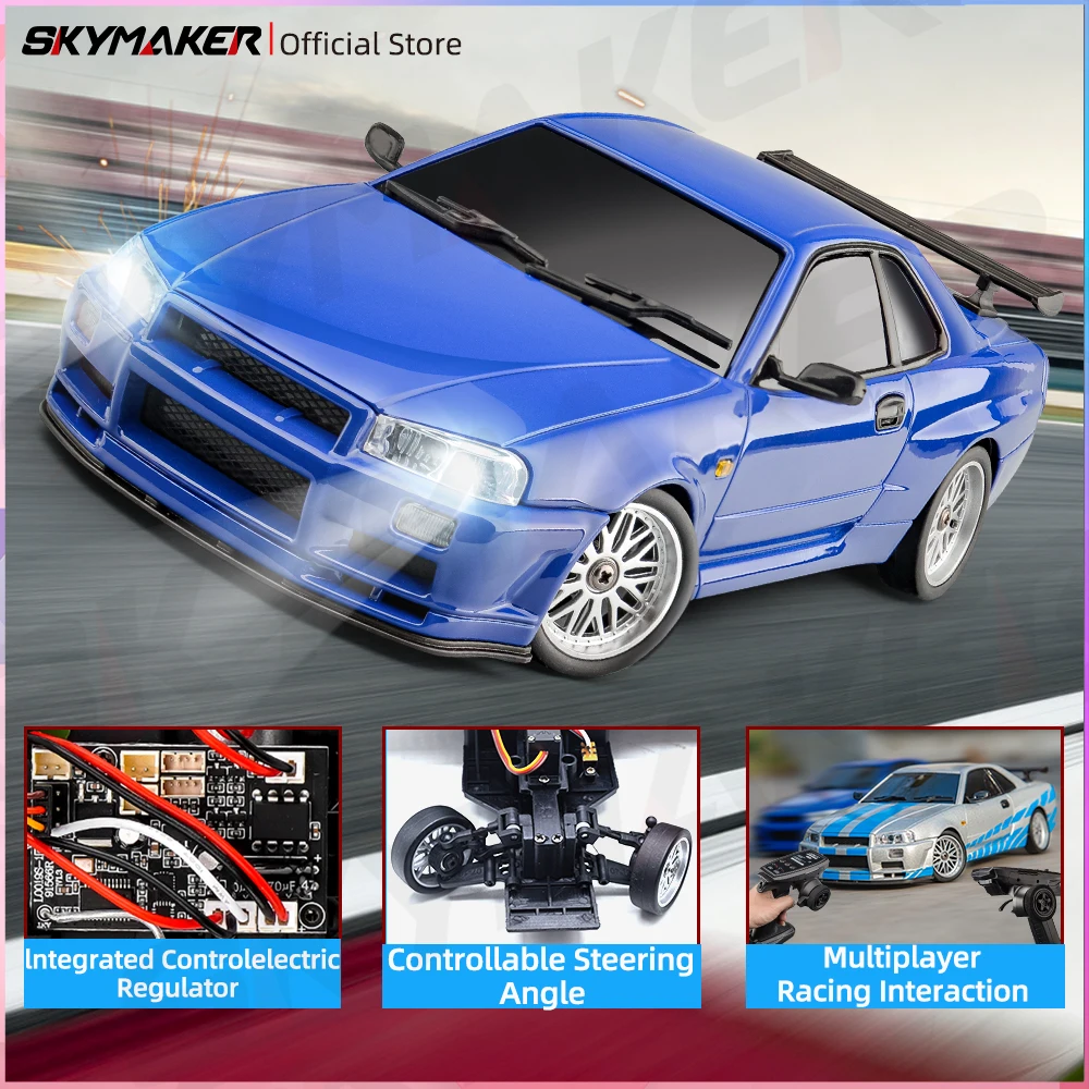 Skymaker LDRC 1/18 RC Drift Car LD1899 GTR Mode R34 2.4GHz RWD with Gyroscope on-Road Alloy Body Shell Racing Car for Boys Gifts