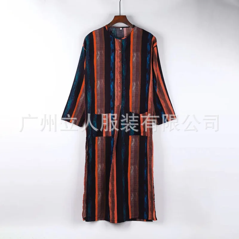 Muslim Clothes 2025 Southeast Asian New Fashion Men's Casual Trendy Long Sleeve O-neck Straight Striped Loose Jubba Thobe Male