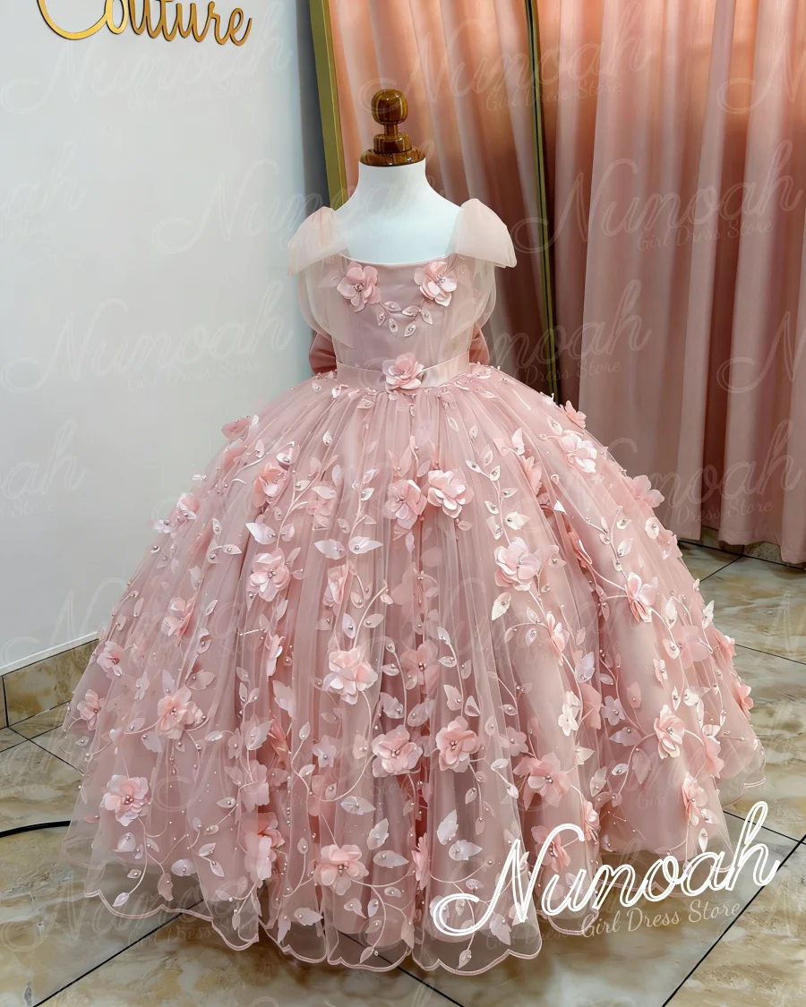 

Pink Flower Girl Dress For Wedding with 3D Floral Lace Appliques Girl Birthday Party with Bow First Communion Gowns Customized