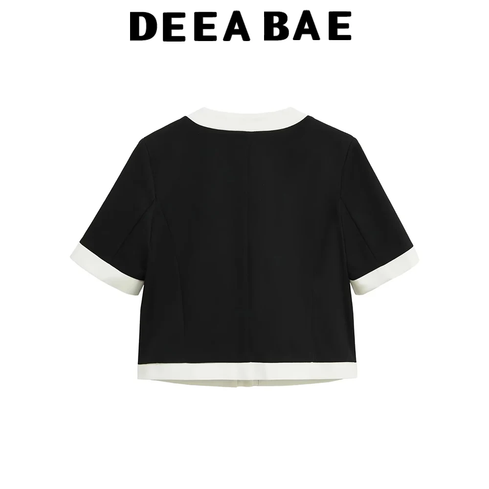 DEEABAE 2025 ملابس نسائية جديدة لخريف 2025 على الطراز الأوروبي والأمريكي سترة ضيقة بألوان متباينة ورقبة مستديرة وأكمام قصيرة #2
