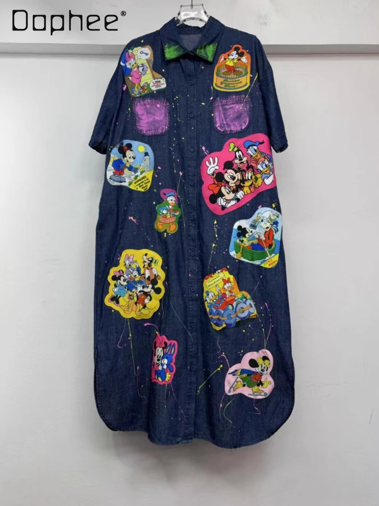 سترة دينم مطرزة برسومات كارتونية جديدة لصيف 2025 للنساء ملابس نسائية متوسطة الطول فضفاضة للتخسيس بأكمام قصيرة