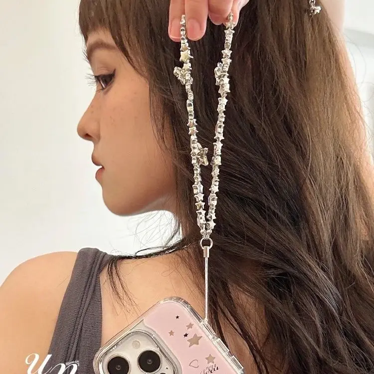 Y2K الفضة ستار حبة شريط لتعليق الهاتف المحمول الحبل اكسسوارات باردة ل iP 15 Airpods سماعات Ins كوريا المدرسية قلادة