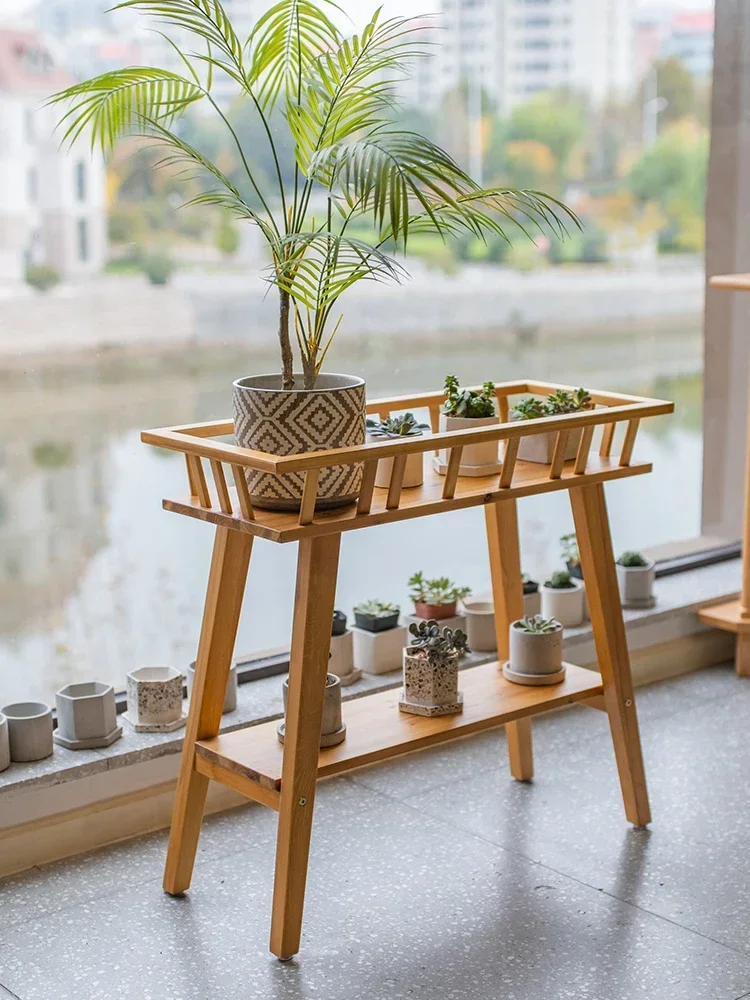 Solid Wood Flower Pot Stand, Double Floor Storage Rack, Home Balcony Plant Stand, Exquisite Shape Bonsai Decoration.