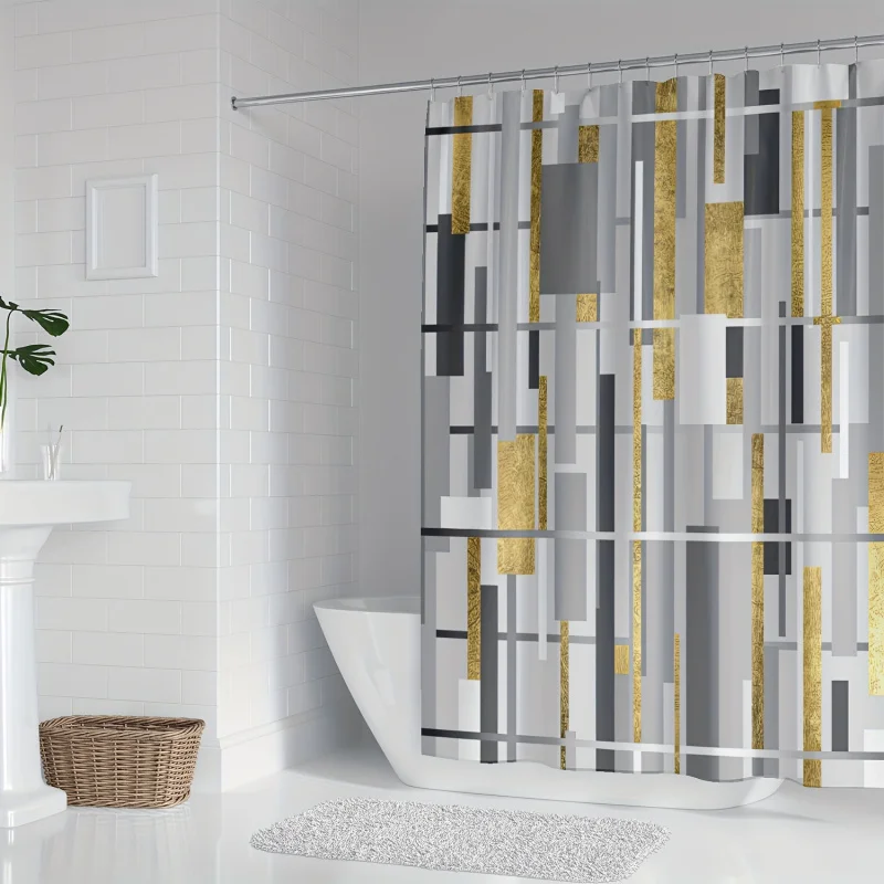 Golden & Gray Checkered Print Shower Curtain - Waterproof, Machine Washable with Hooks Included - YWJHUI, Modern, Luxury,