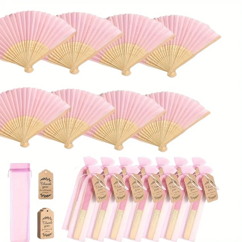 Juego de abanico plegable de madera de bambú rosa, 12 Uds., con bolsa de regalo, tarjeta, decoración para fiesta nupcial, boda, foto, accesorio para eventos de verano, dama de honor