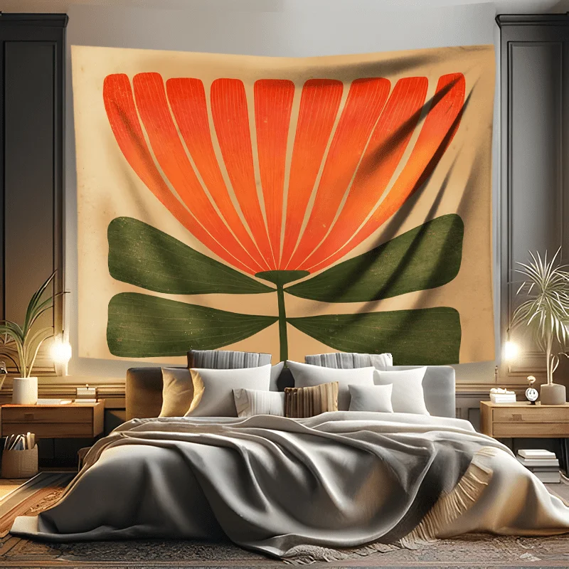 Retro Orange Flower Tapestry, Vintage Botanical Wall Hanging, Mid Century Modern Decor, Warm Boho Living Room Bedroom Background