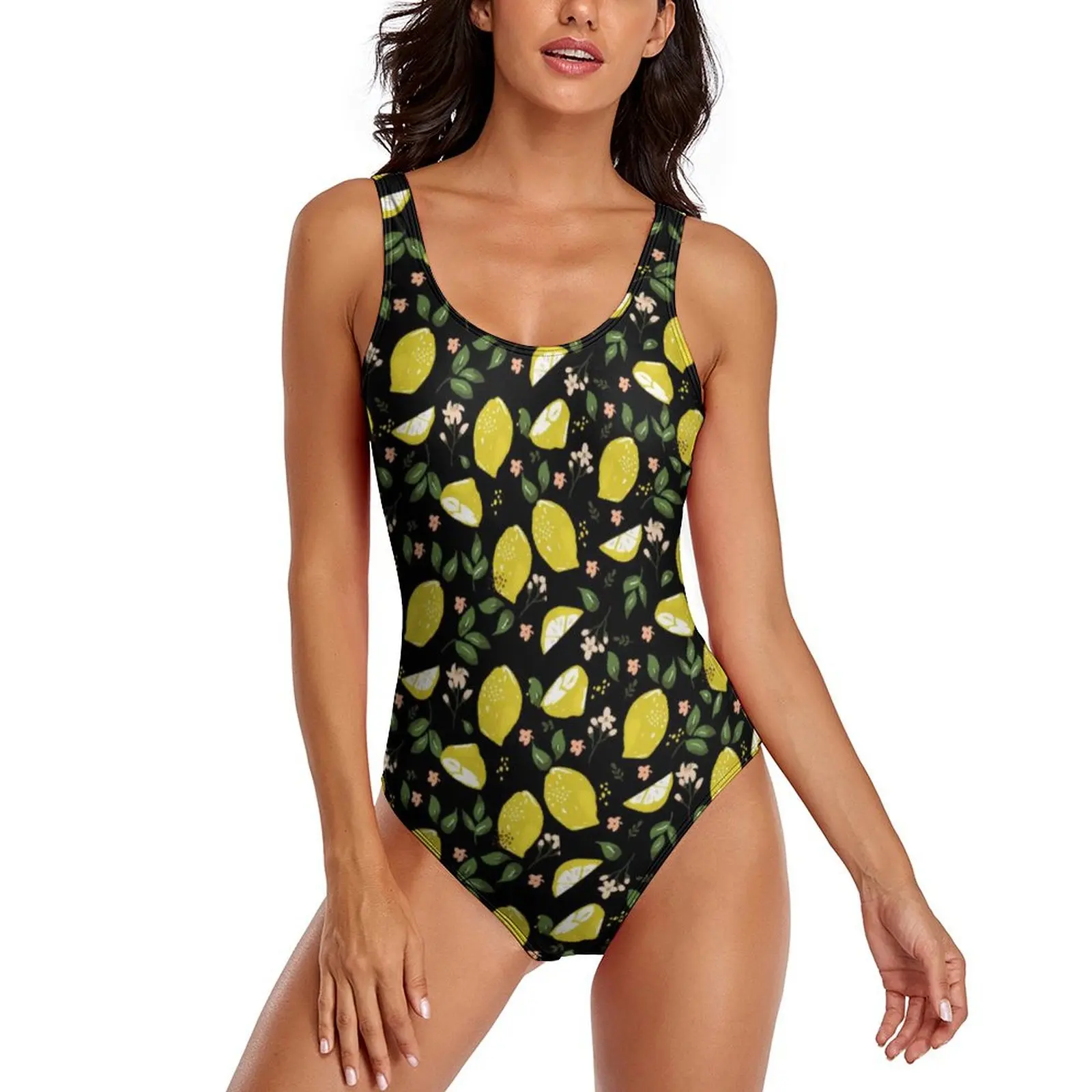 

Yellow Lemon Swimsuit Bright Fruit Print Push Up Swimwear One Piece Surfing Monokini Bodysuit Sexy Custom Beachwear Plus Size