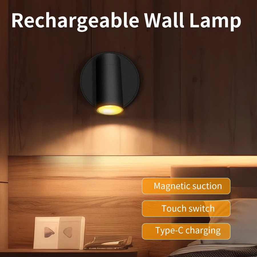 

Rechargeable LED Wall Lamp Touch Switch Wireless Non Punching Magnetic Suction Spotlight For Bedroom Bedside Lighting Wall Lamp