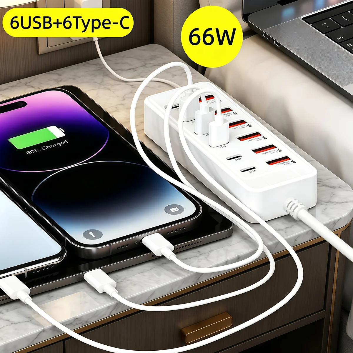 66W 12 Ports Fast Charging Station Power Adapter, Compact Desktop Charger for Home Office Travel Use