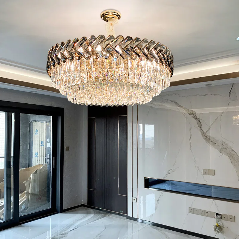Luxury Modern LED Crystal Chandelier For Living Room Decoration Bedroom Round/Rectangle Kitchen Indoor Lighting Smoky Gray Lamp
