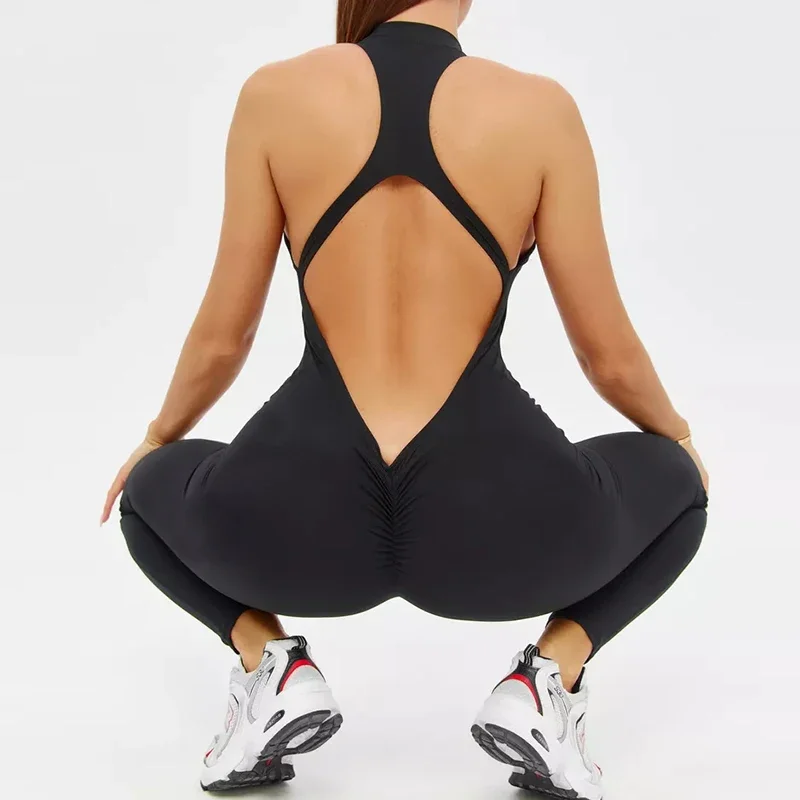 Sexy oco sem costas macacões esportivos de fitness para mulheres scrunch treino macacão uma peça yoga terno zip ginásio bodysuit