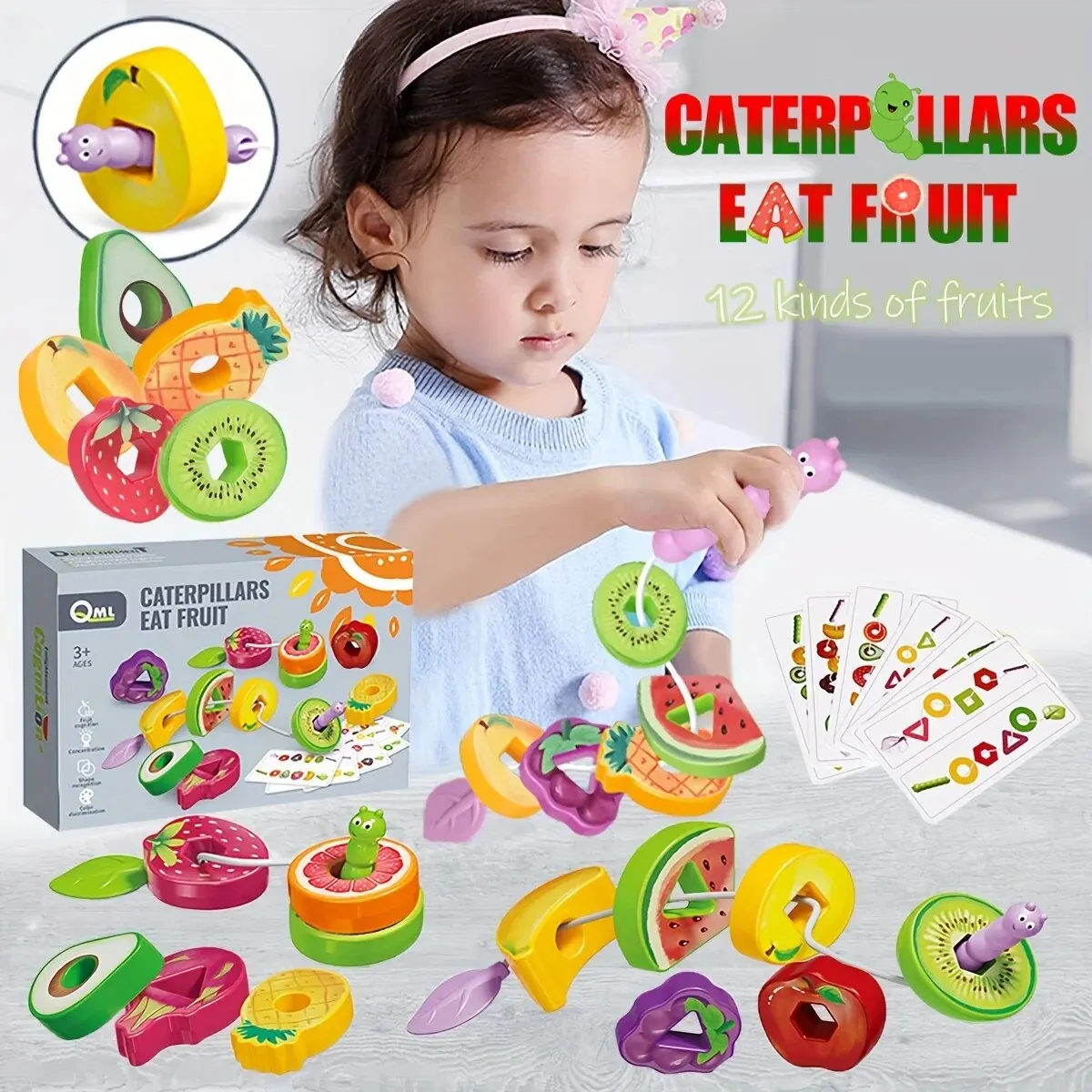 Kids Fruits Vegetables String Toys Greedy Eating Bugs String Intelligence Shape Training Interactive Fun Early Educational Toy