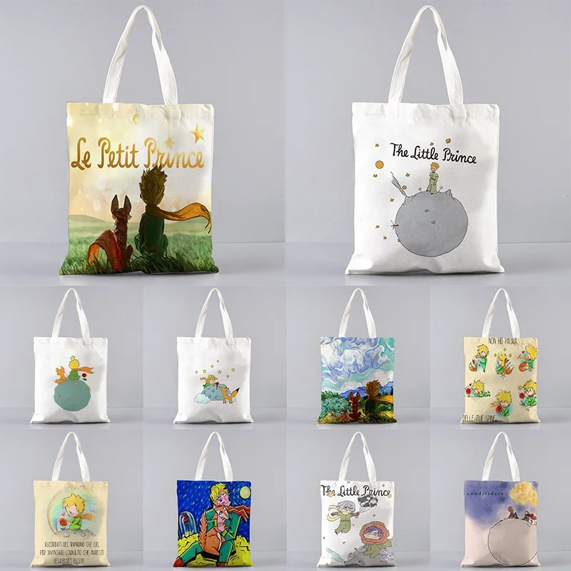 Woman Canvas Tote Le Petit Prince Printing Shopping Bag Hand Casual Reusable Shoulder Bag Large Capacity Foldable Handbag