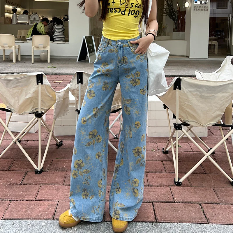 Retro Printed Jeans for Women Trendy High Waisted Loose Wide Leg Denim Pants Patchwork Straight Leg Floor Length Pants