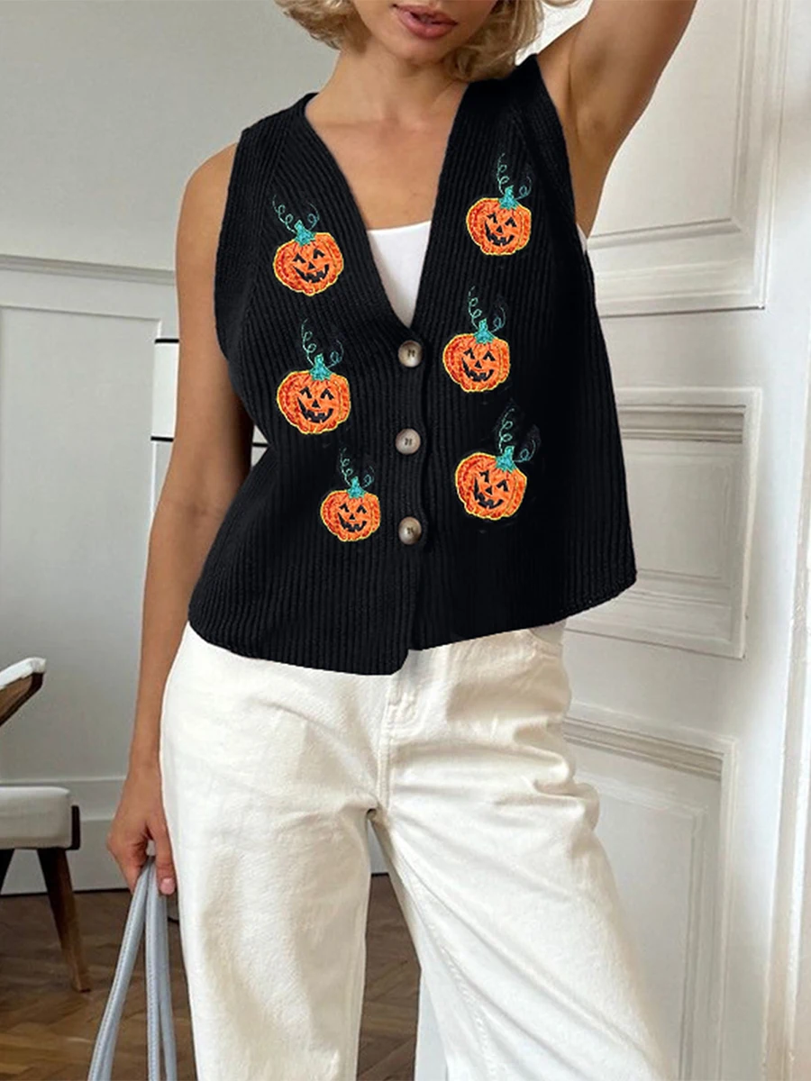 Womens Halloween Sweater Vest Pumpkin V Neck Sleeveless Button Down Knitted Cardigan Casual Streetwear