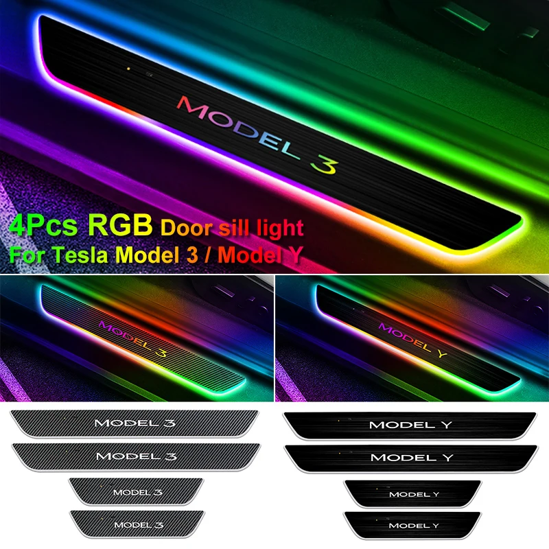 4Pcs For Tesla Model Y Model 3 LED Car Door Sill Light RGB Colour Multi-Mode Car Door Pedal Lamp Welcome Scuff Plate Pedal light