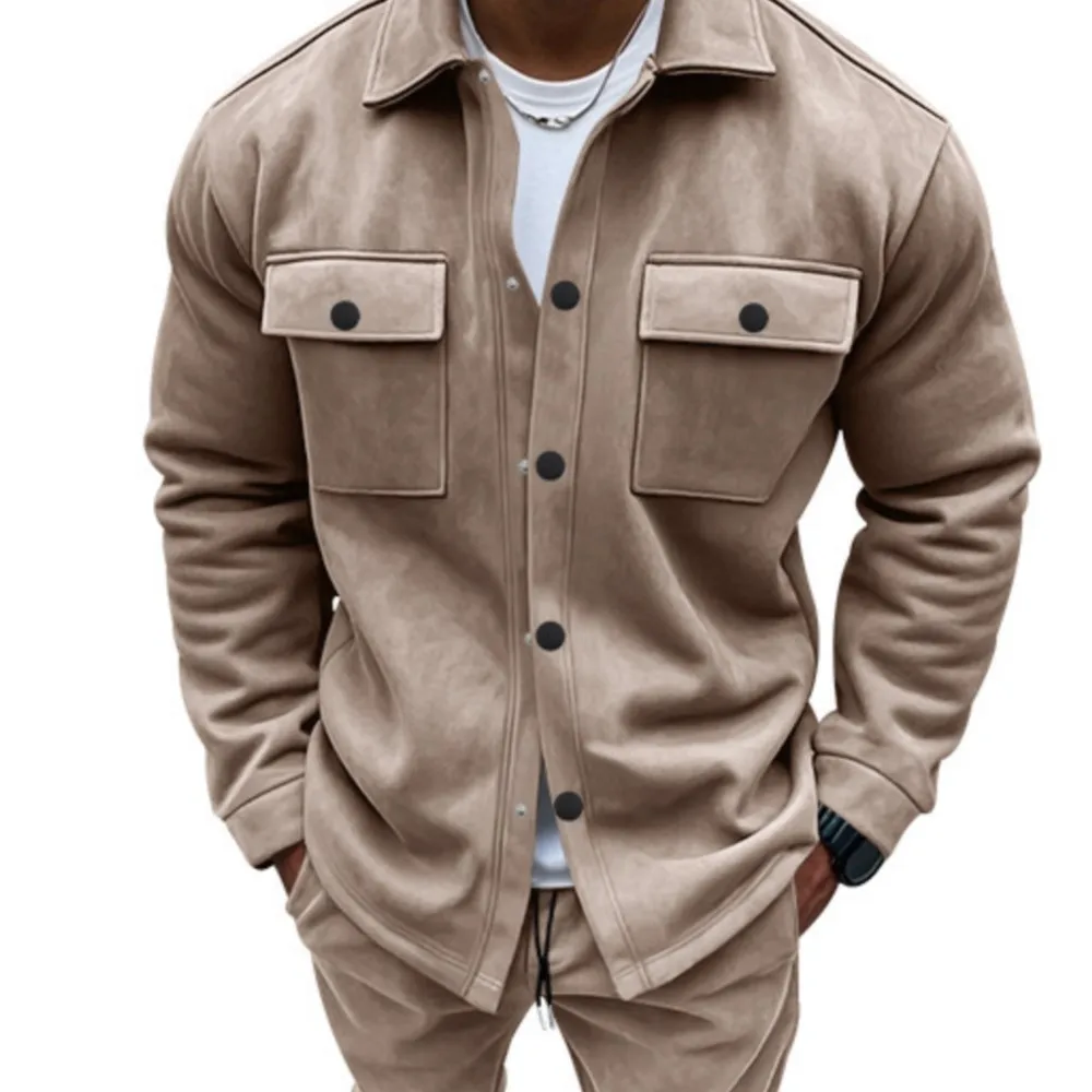 Autumn Winter Casual Suede Men's Pants Set Solid Color Long Sleeve Jacket Coat Trousers Two Piece Set Overalls Male Fashion Suit