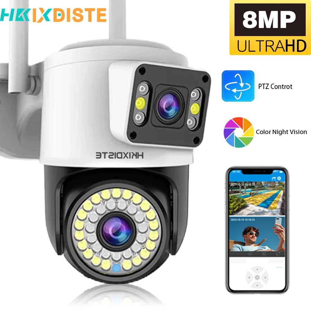 

HKIXDISTE 4K 8MP PTZ Wi-Fi камера безопасности с двумя объективами вверх и вниз, автоматическое отслеживание, беспроводная камера видеонаблюдения, умный дом