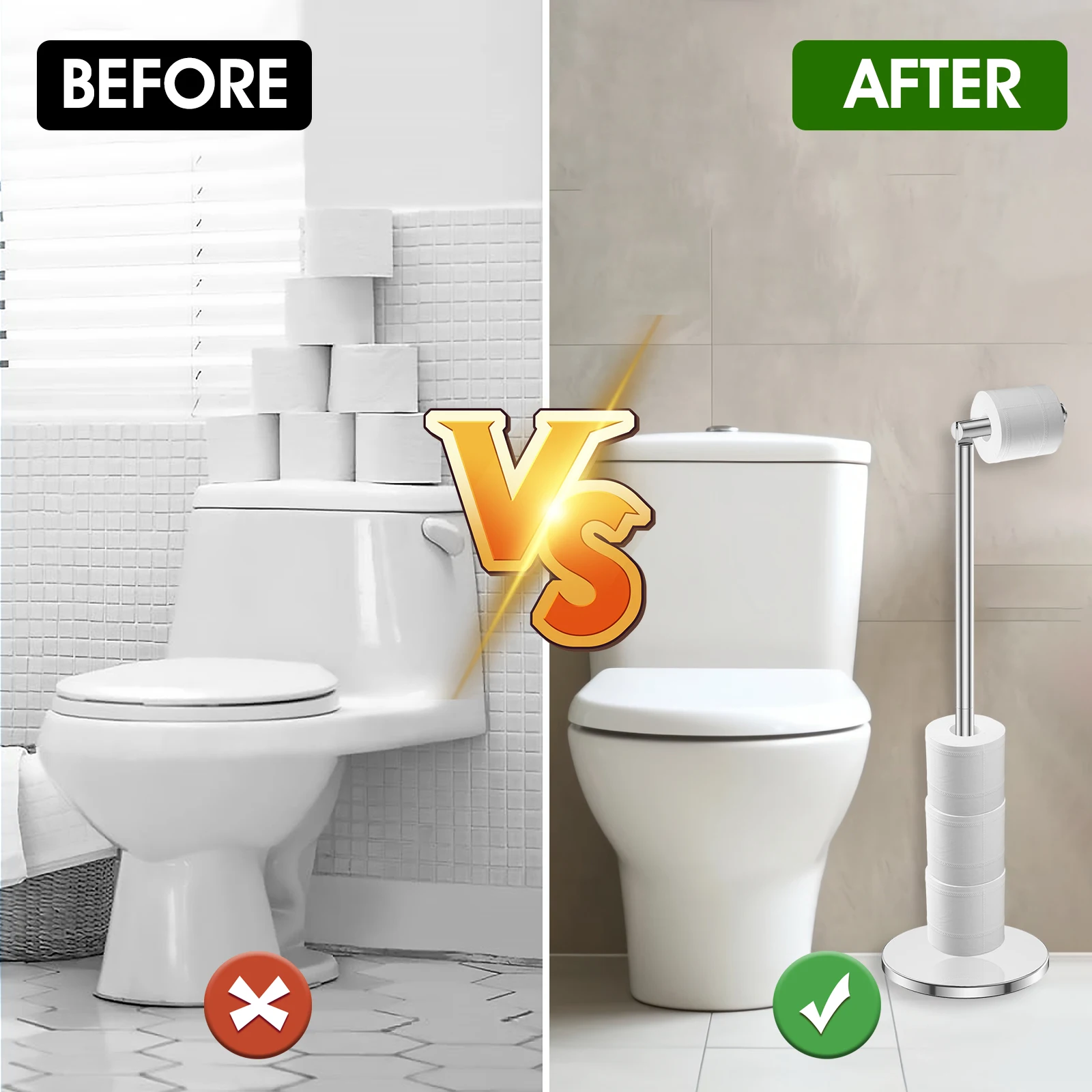 Stainless Steel Toilet Roll Stand Bathroom Floor Standing Anti-Rust Tissue Paper Holder Household Freestanding Paper Towel Rack