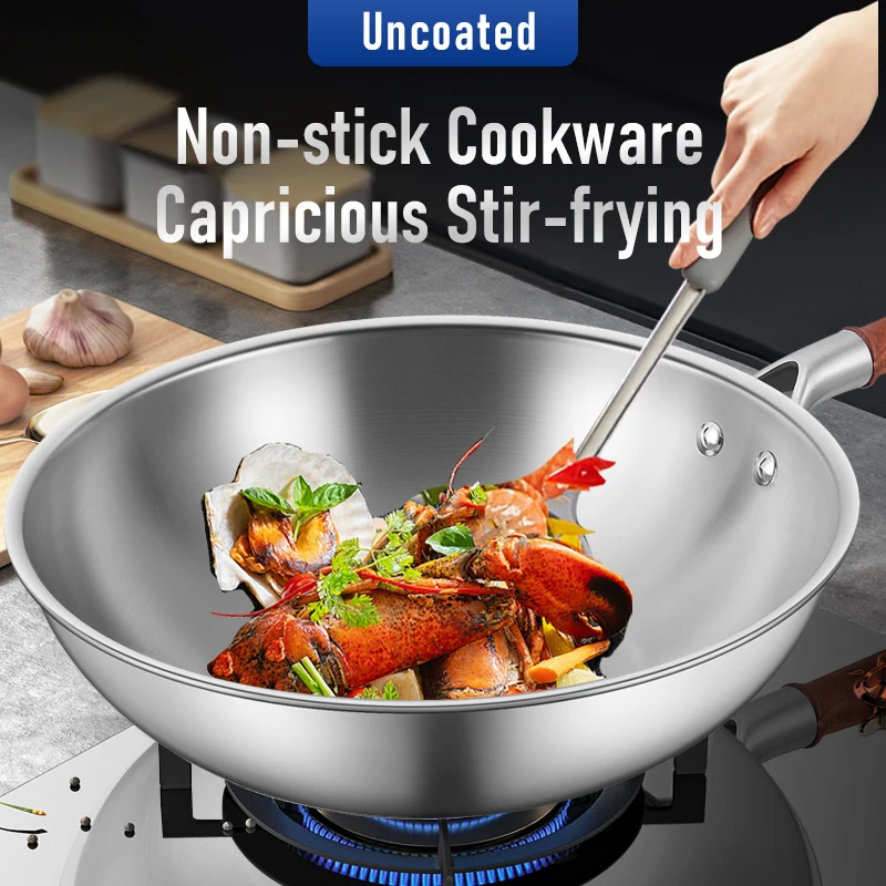 Wholesale Healthy Cooking Kitchen Cookware Wok Pan With Glass Lid Non-stick Uncoated Frying Pan Gas Pure Titanium Pot Wok