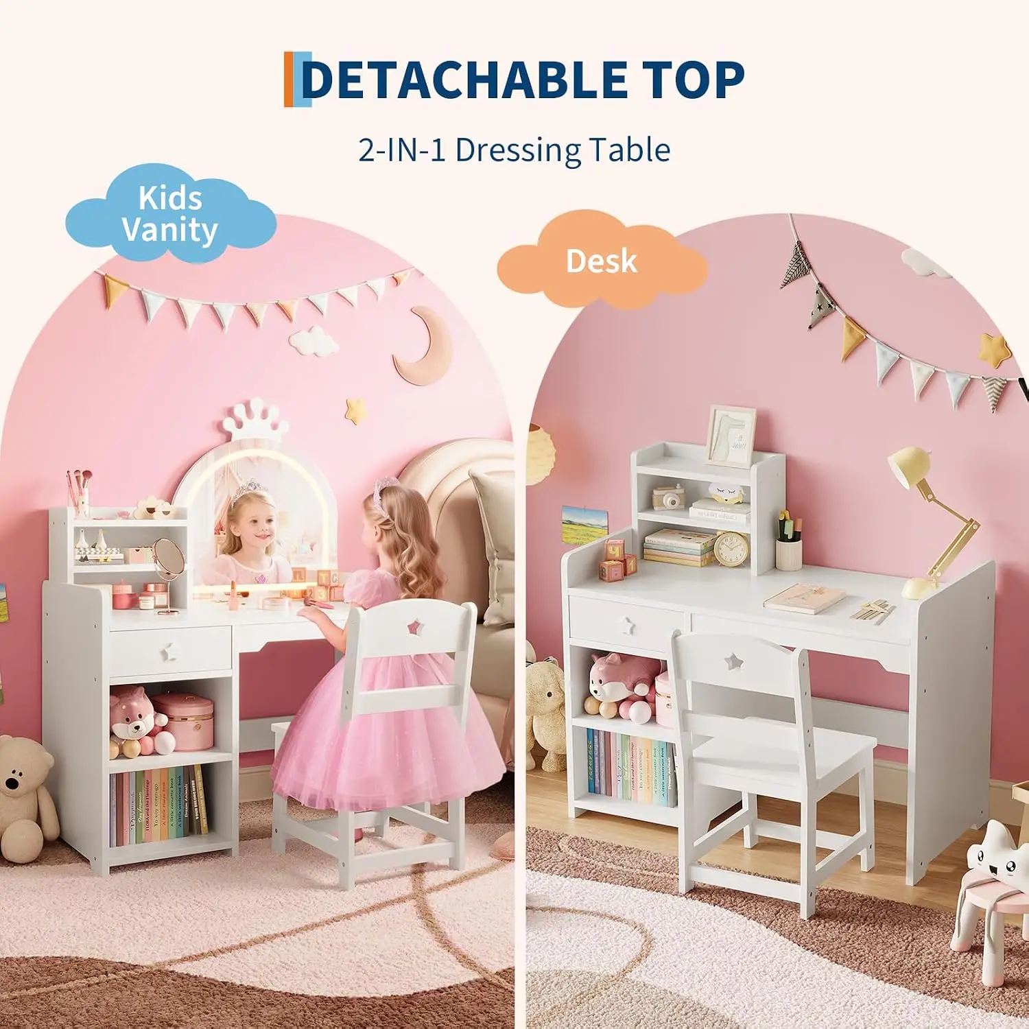 Kids Vanity Set with Lighted Mirror, 2-in-1 Princess Toddler Vanity Table & Chair Set with Open Bookshelf, Storage Cabinet & Shelves, for Little Girls view 7