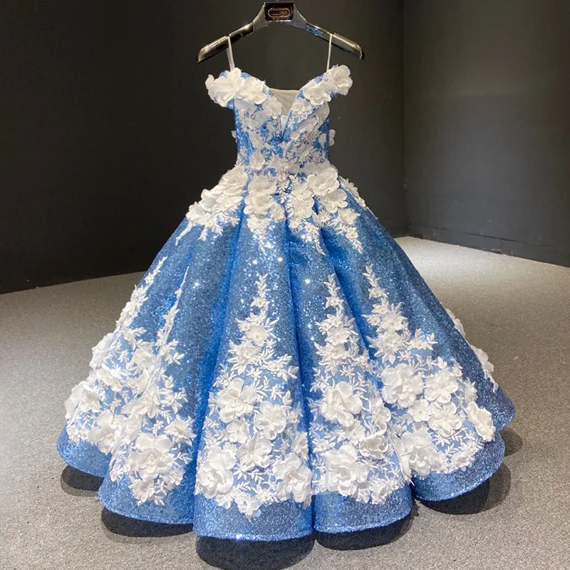 Vestidos de niña de flores azules para bodas, vestido de baile sin hombros, apliques de lentejuelas, vestidos largos para niñas, vestidos de desfile para niños pequeños