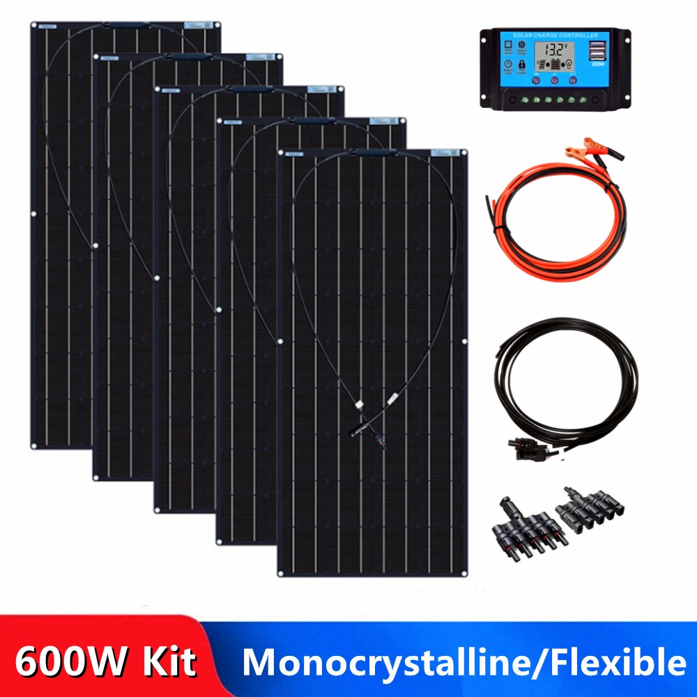 

600W Solar Panel Kit Flexible Monocrystalline Cell 18 Volts 120 Watts Solar Panels 12V 24V Battery Charger For Home RV Caravan