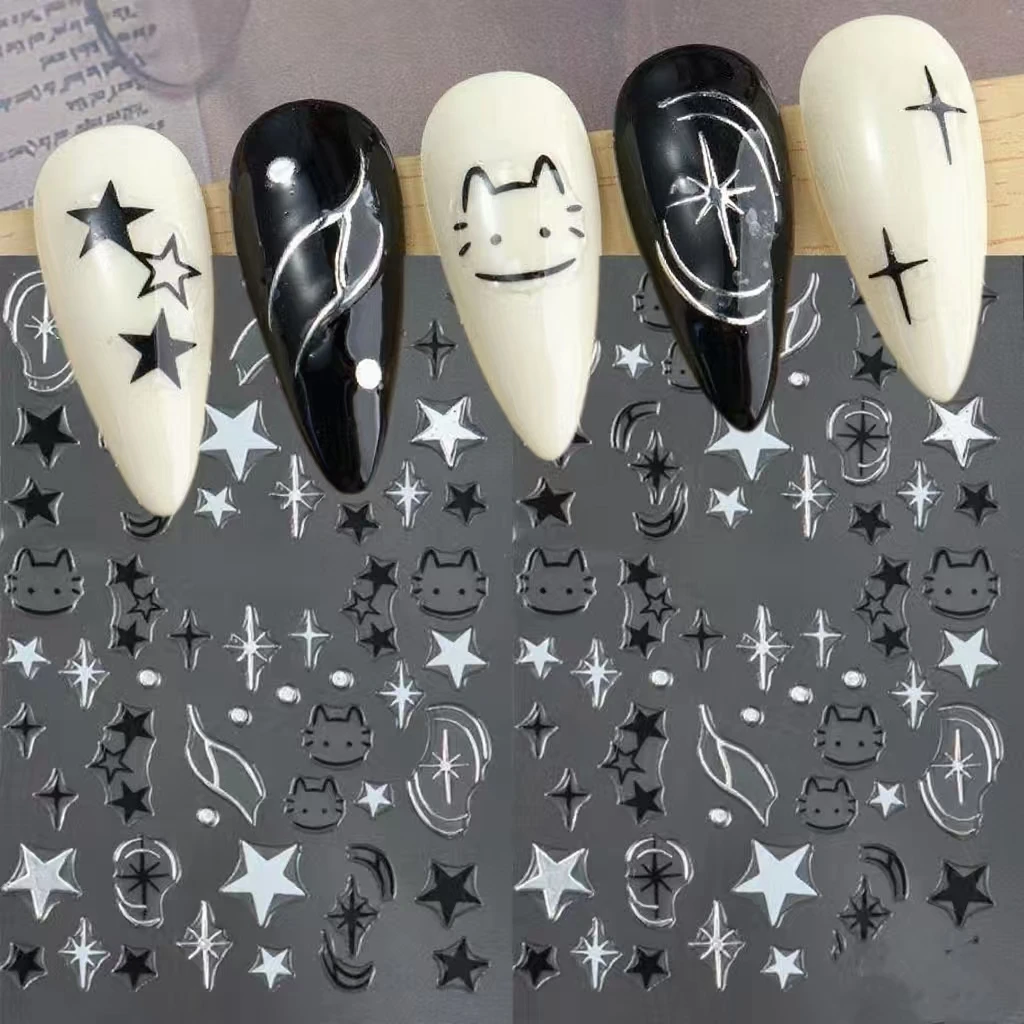 Preto prata gato animais etiqueta do prego decalques y2k encantos bonito cão dos desenhos animados adesivo sliders folhas para manicure decoração da arte do prego