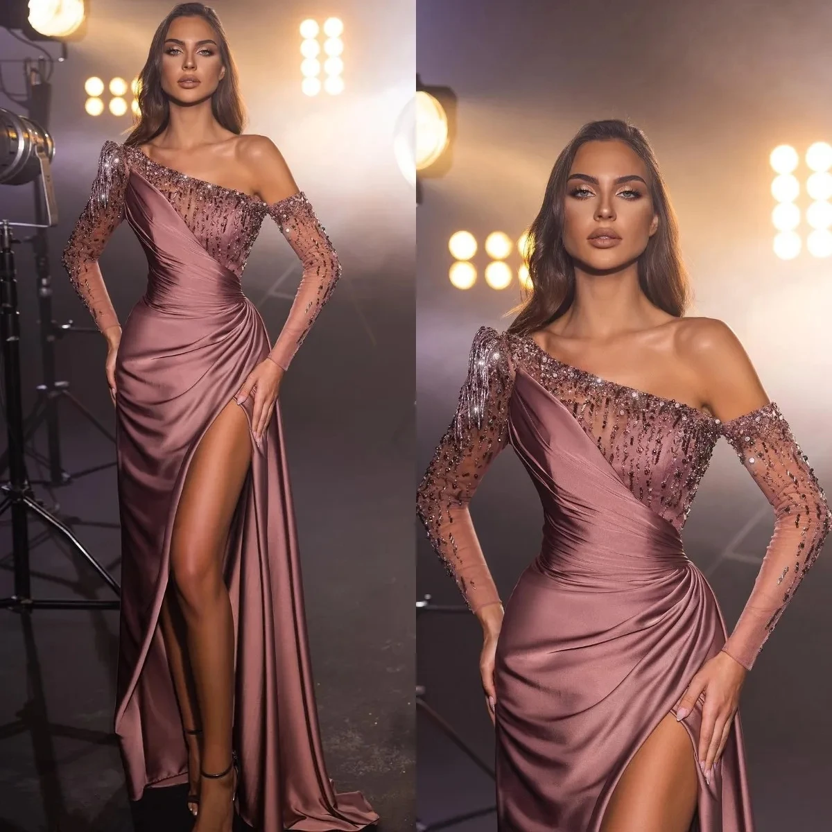 Elegant Dark Pink Evening Dresses Off Shoulder Beads Long Sleeves Party Prom Dress Pleats Split Formal Long Red Carpet Dress