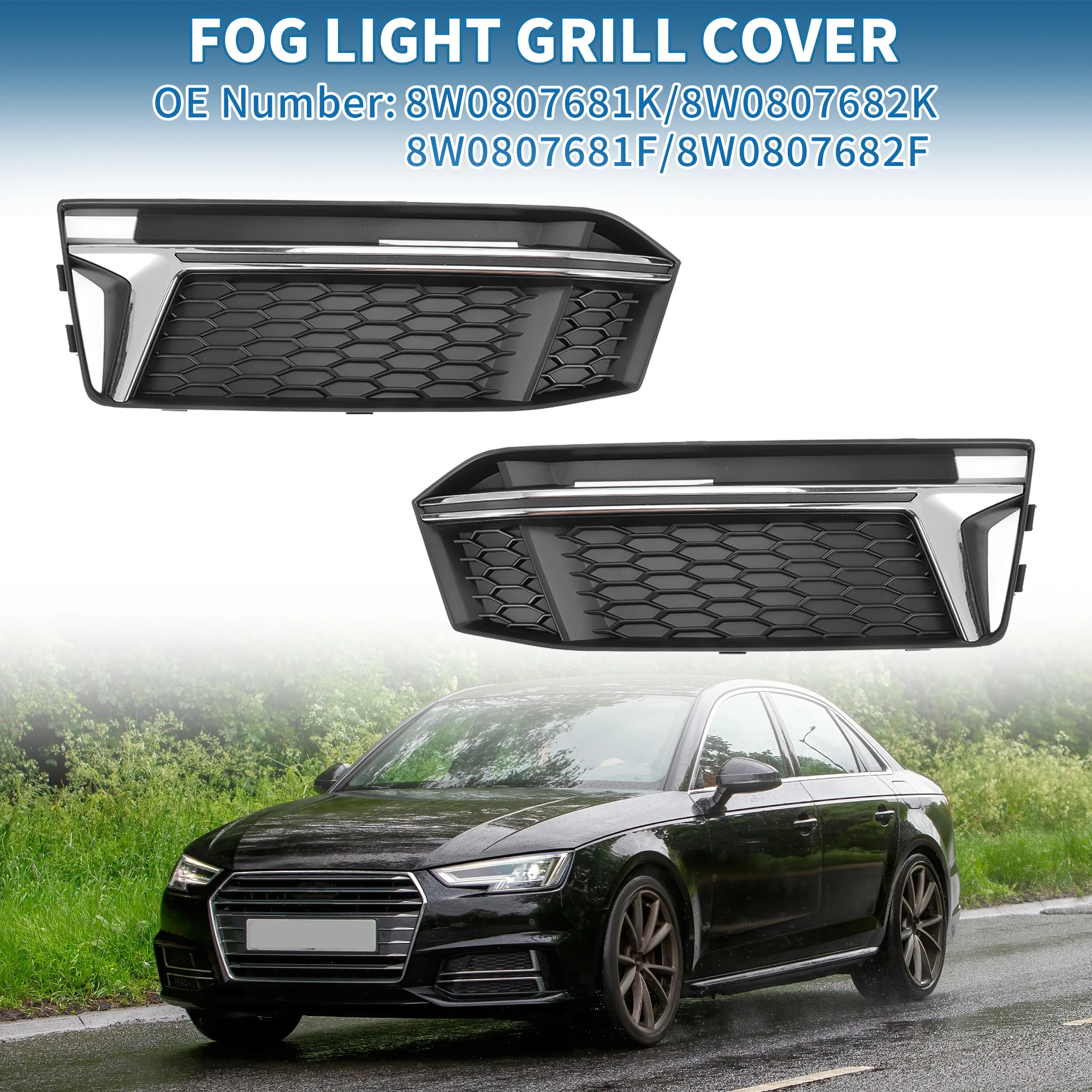 UXCELL Fog Light Grill No.8W0807681K/8W0807682K Front Lower Bumper Fog Light Cover Inserts for Audi S4 A4 B9 2016-2018 ABS