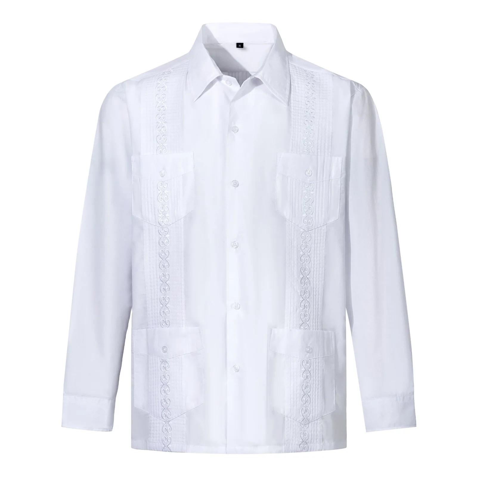 Men's Cuban Guayabera Shirts Long Sleeve Button Up Beach Casual Embroidery Dress Shirt Caribbean Style Pockets Shirts Top