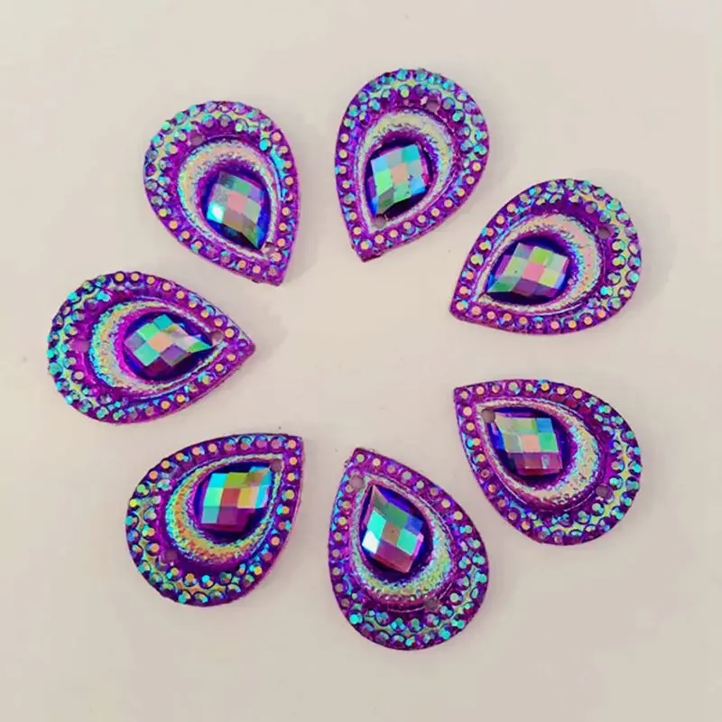 DIY 40pcs AB resin peacock eye drop shaped rhinestone wedding decoration 2 hole resin drill -B25