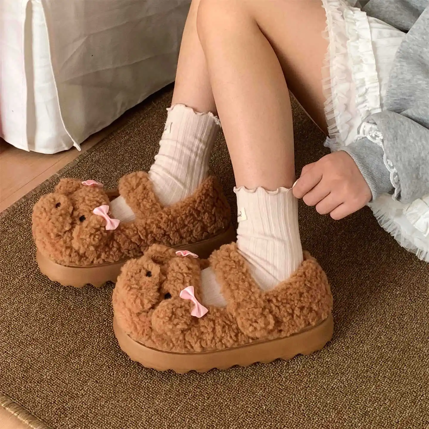 

Winter Women's Non-slip Cotton Shoes Cute Puppy Comfortable Mary Jane Fur Shoes Winter Outer Wear Plush Lightweight Slippers
