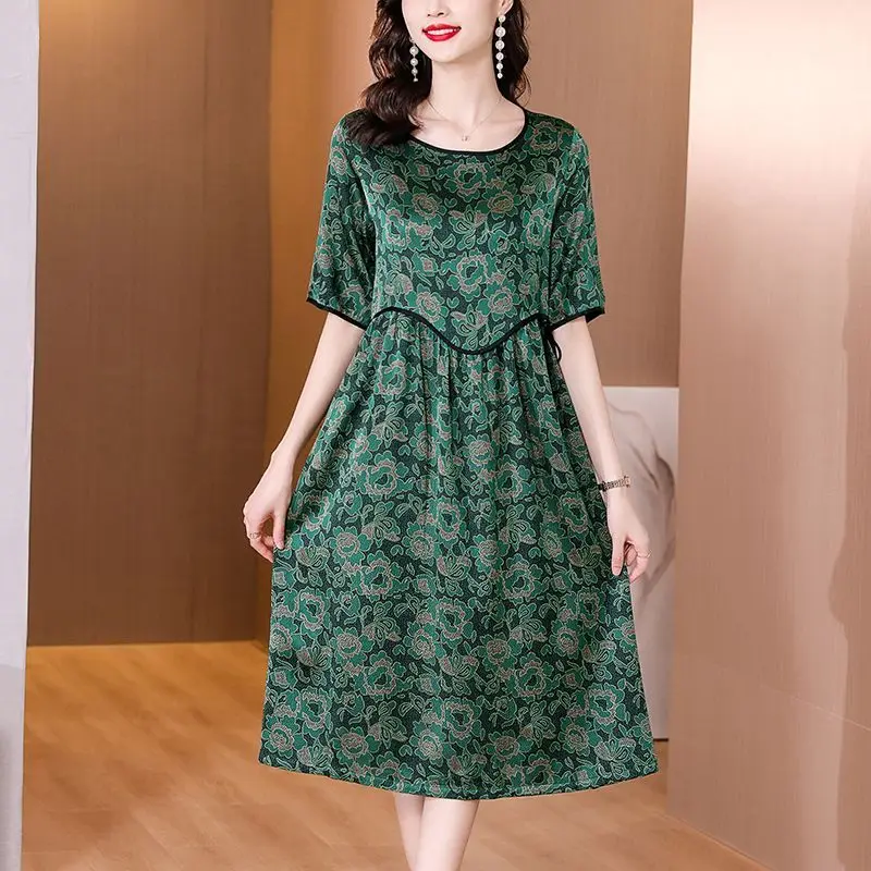 2023 New Summer Fashion Temperament High Grade Simple Atmosphere Round Neck Print Loose Relaxed Slim Oversize Mom's Dress