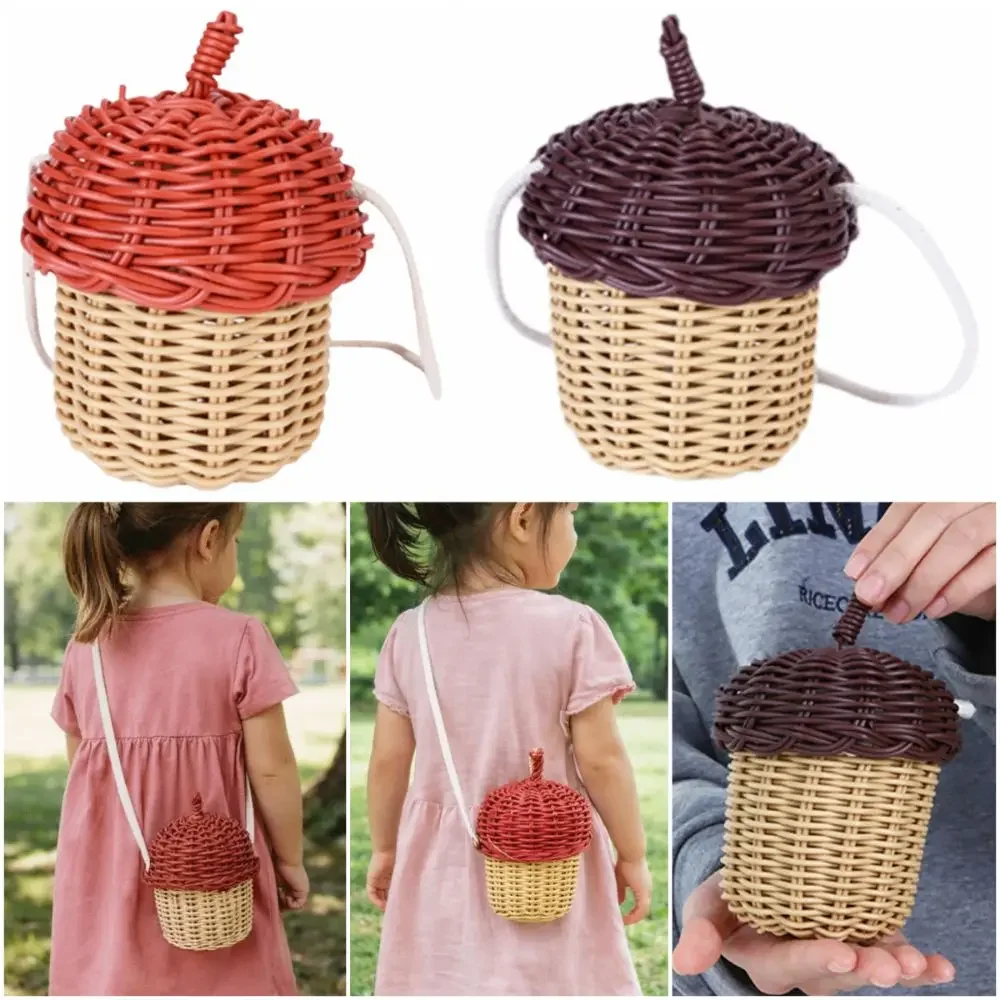 New Acorn-shaped Shoulder Bag Basket Weaving Red Coffee Crossbody Bag Photo Props Plastic Storage Basket Boho view 4